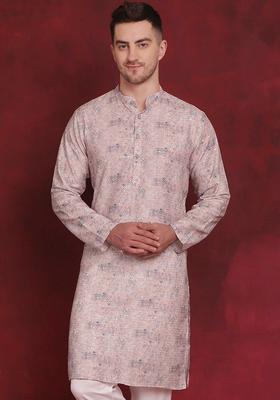 Peach Woven Design Cotton Kurta For Men