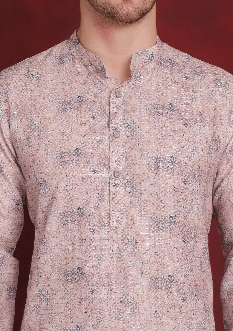 Peach Woven Design Cotton Kurta For Men - Indya