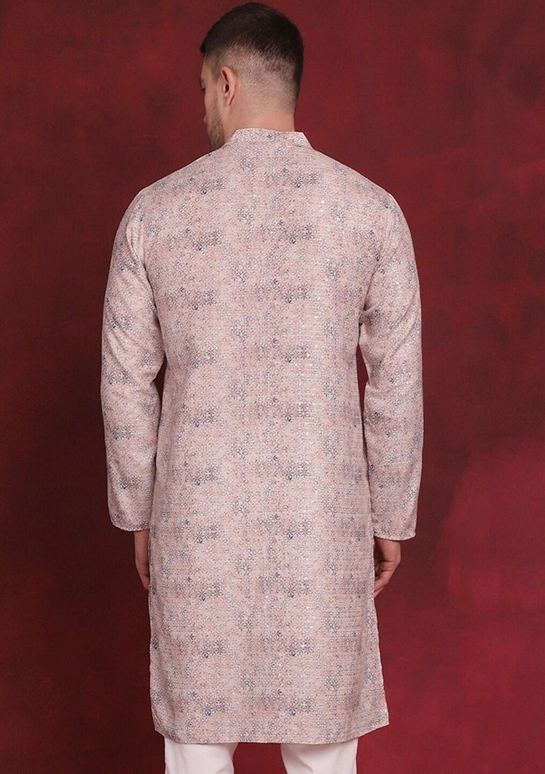Peach Woven Design Cotton Kurta For Men - Indya