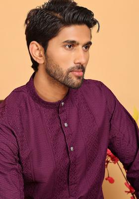 Purple Embroidered Cotton Kurta For Men
