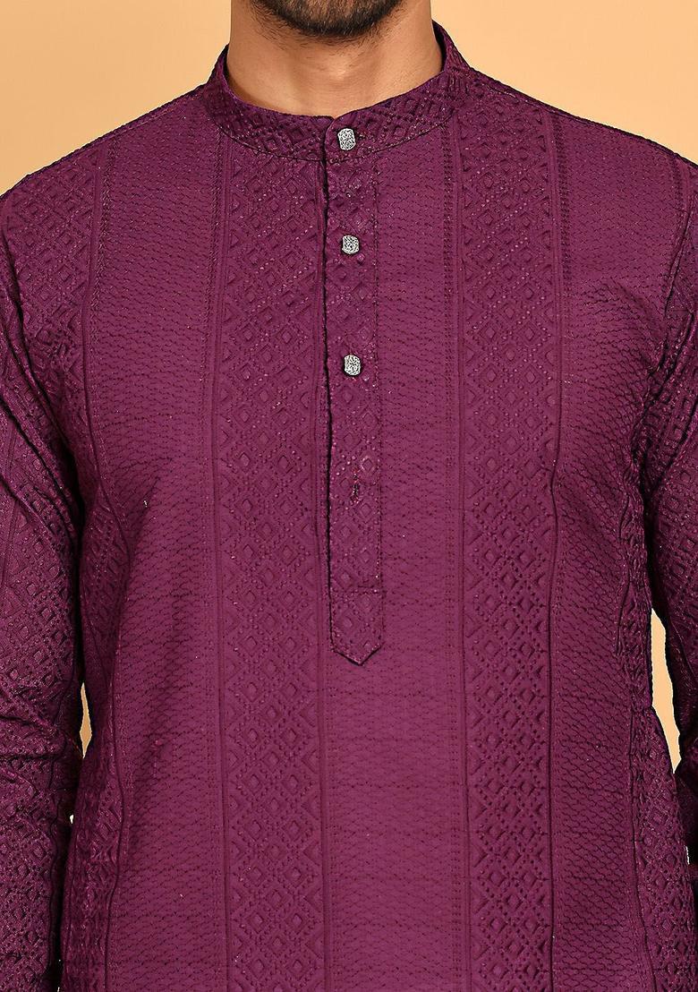 Purple Embroidered Cotton Kurta For Men - Indya