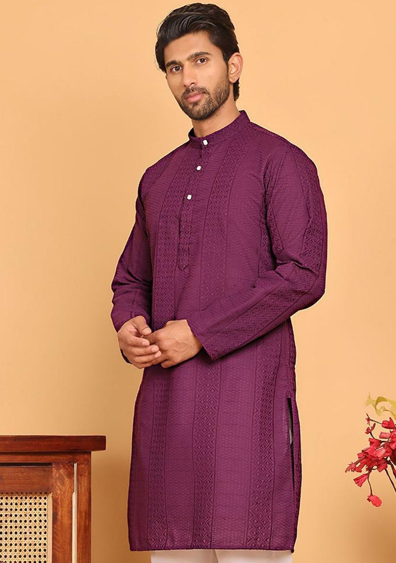Purple Embroidered Cotton Kurta For Men - Indya