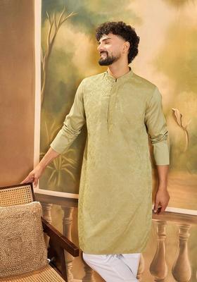 Green Embroidered Blended Kurta For Men