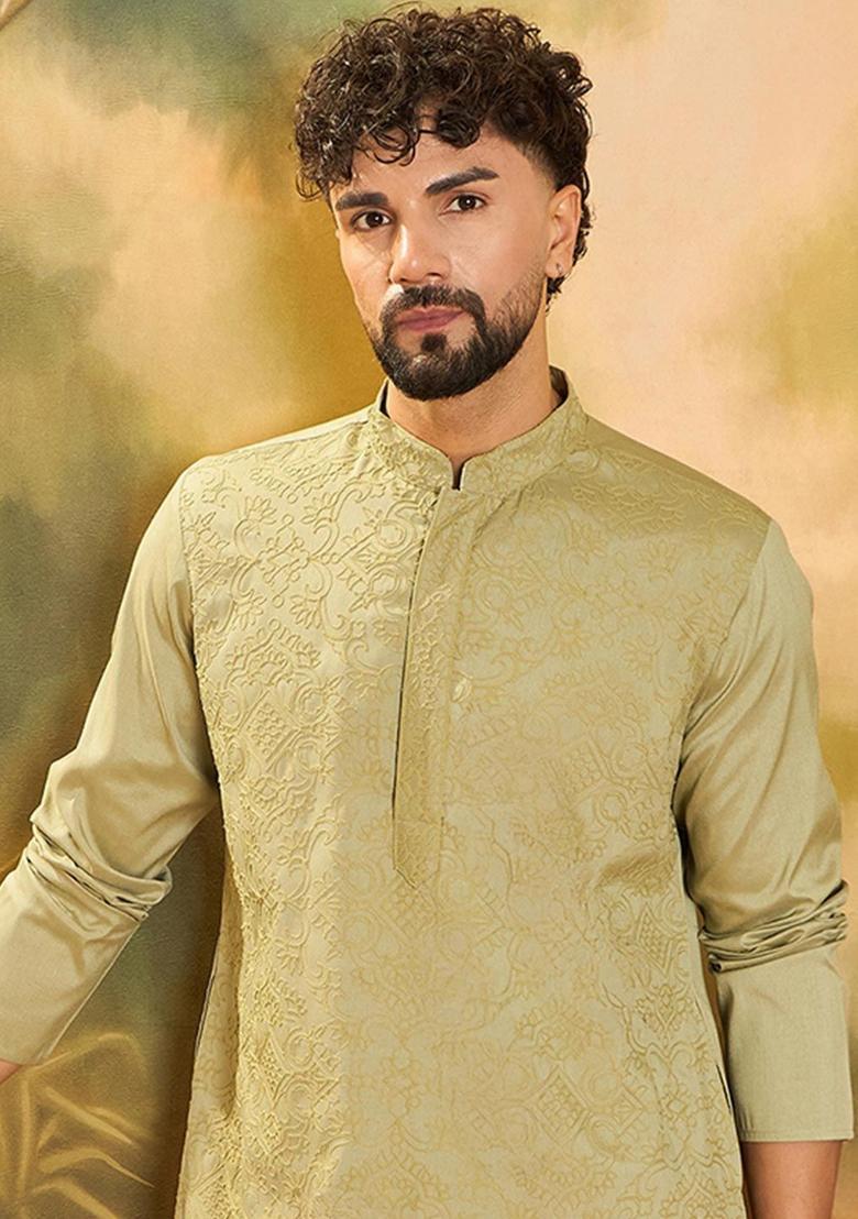 Green Embroidered Blended Kurta For Men - Indya
