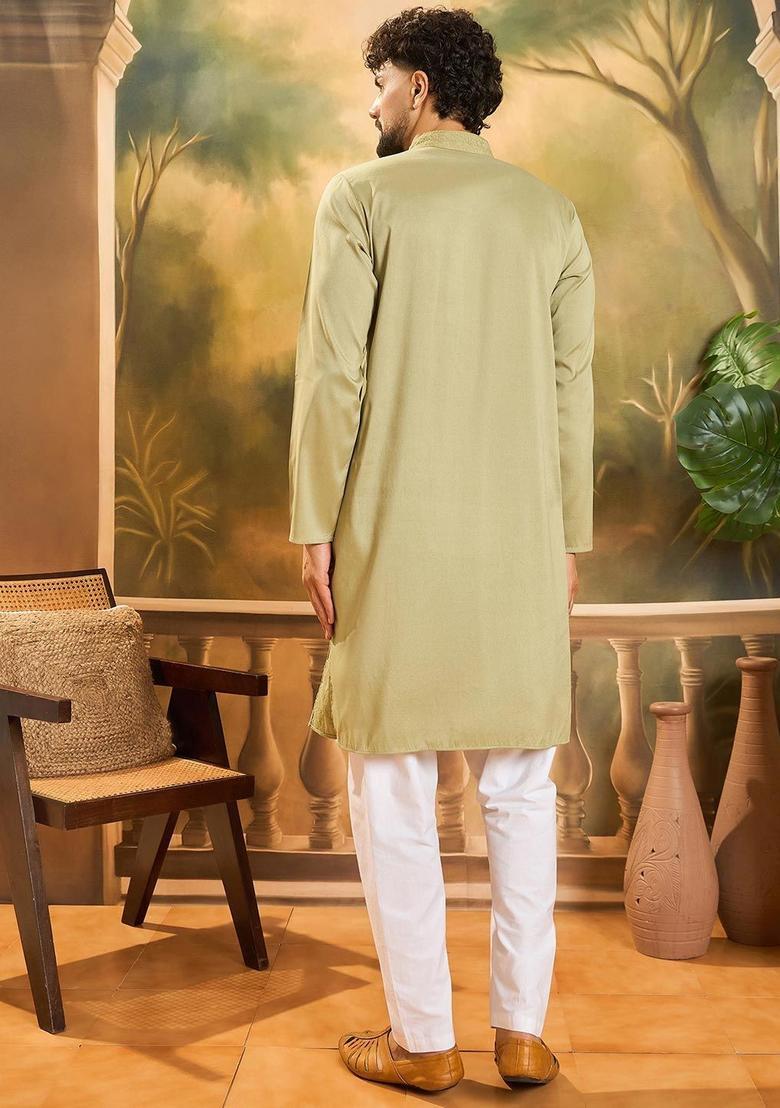 Green Embroidered Blended Kurta For Men - Indya