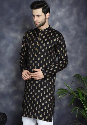 Black Printed Cotton Kurta For Men