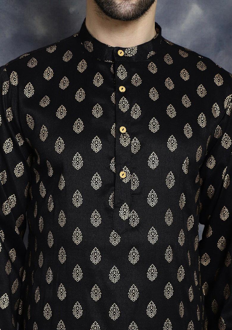 Black Printed Cotton Kurta For Men - Indya
