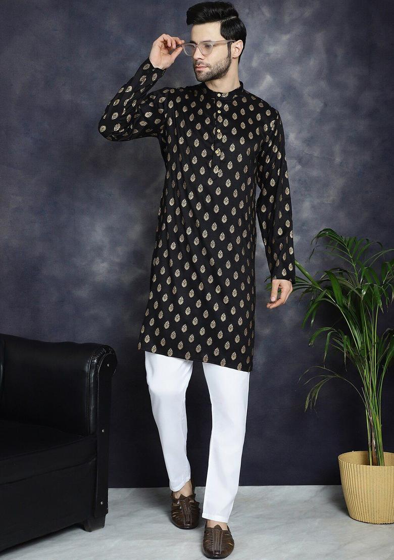 Black Printed Cotton Kurta For Men - Indya