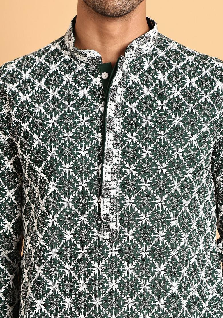 Olive Embroidered Viscose Kurta For Men - Indya