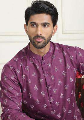 Purple Printed Cotton Kurta For Men