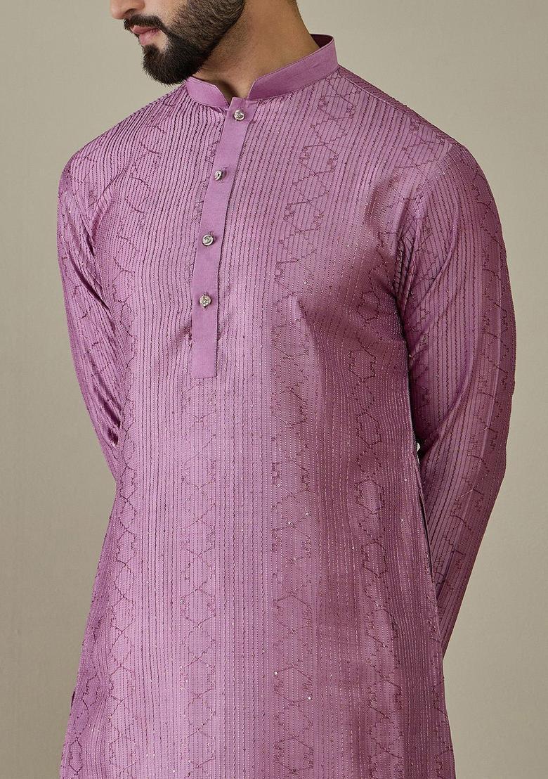 Purple Embroidered Blended Kurta For Men - Indya