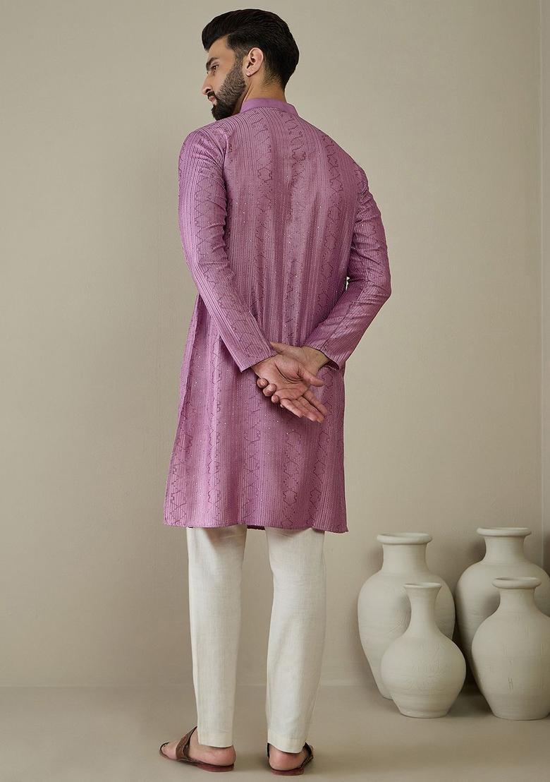 Purple Embroidered Blended Kurta For Men - Indya