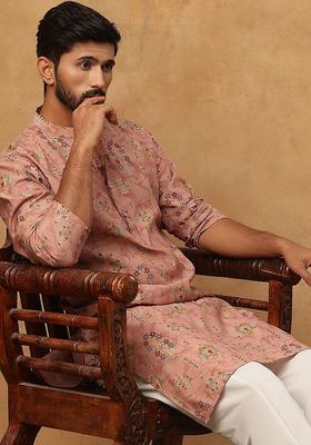 Peach Printed Silk Blend Kurta For Men