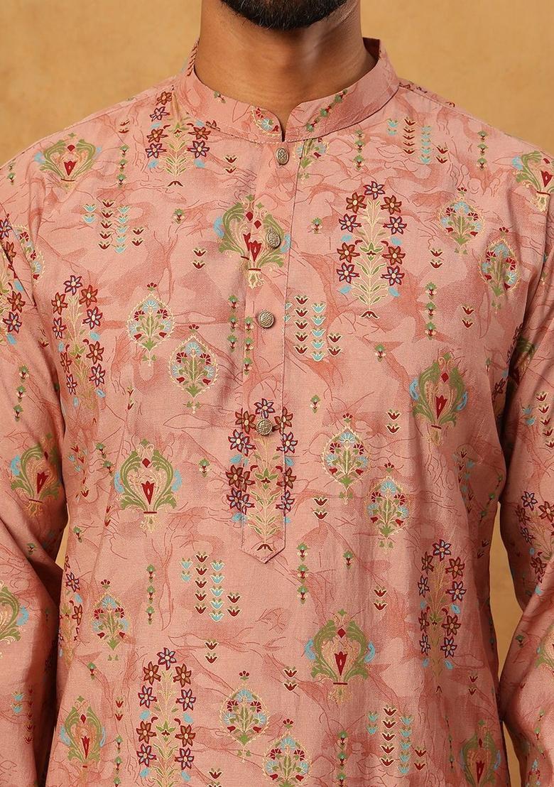 Peach Printed Silk Kurta For Men - Indya