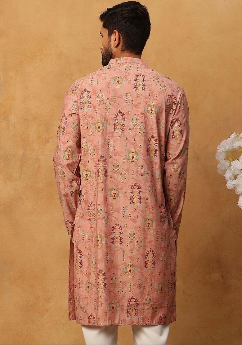 Peach Printed Silk Kurta For Men - Indya