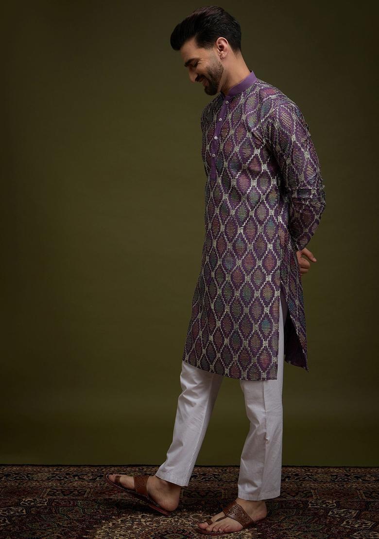 Purple Embroidered Cotton Kurta For Men - Indya