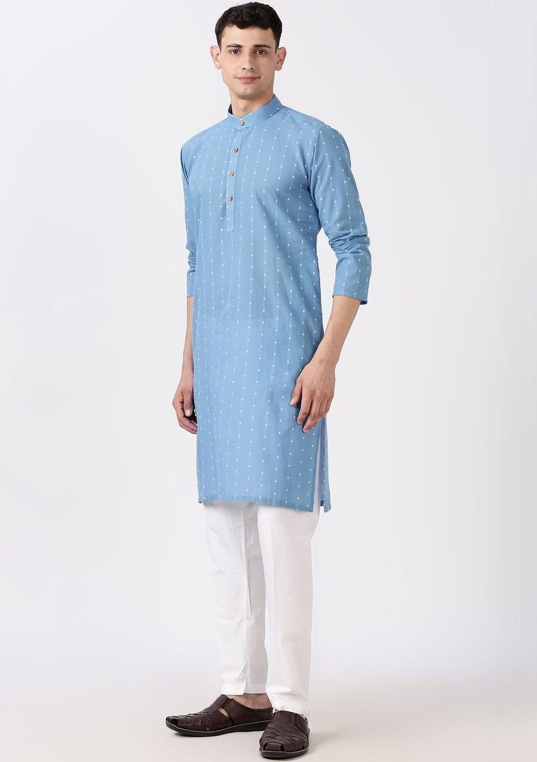 Blue Woven Design Cotton Kurta For Men - Indya