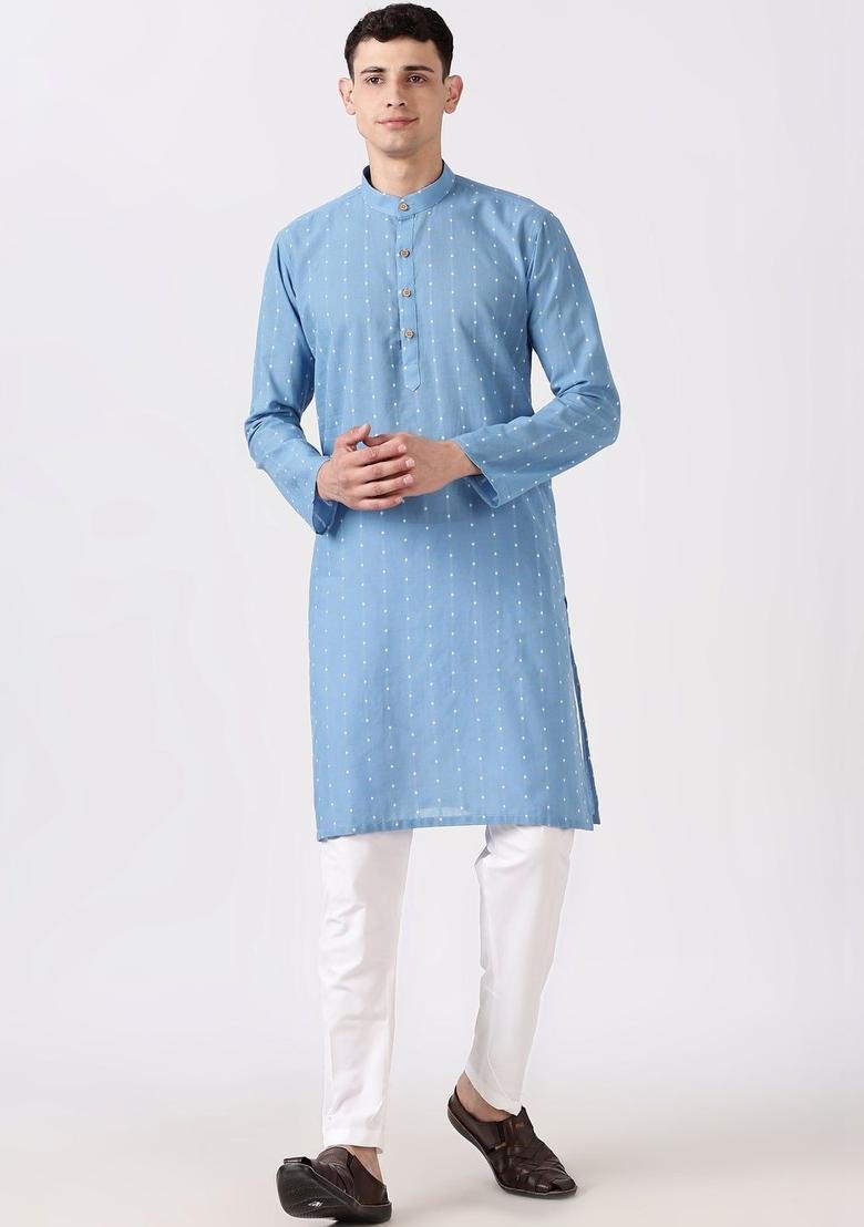 Blue Woven Design Cotton Kurta For Men - Indya