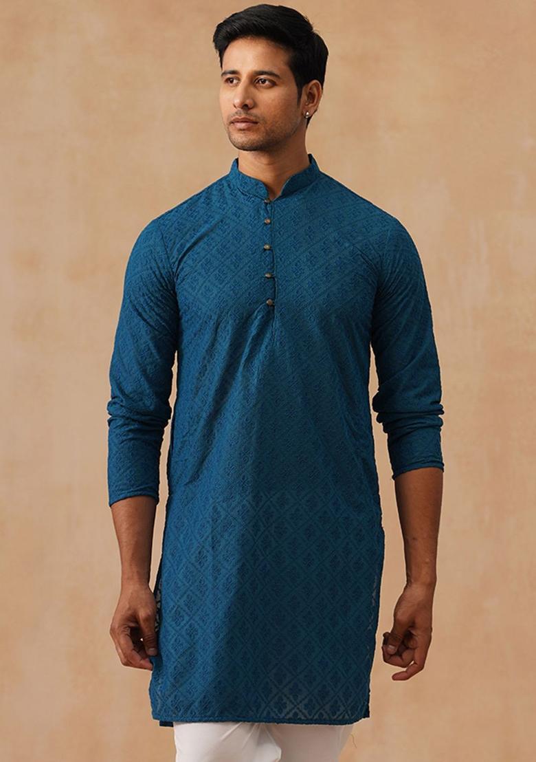 Blue Printed Cotton Kurta For Men - Indya