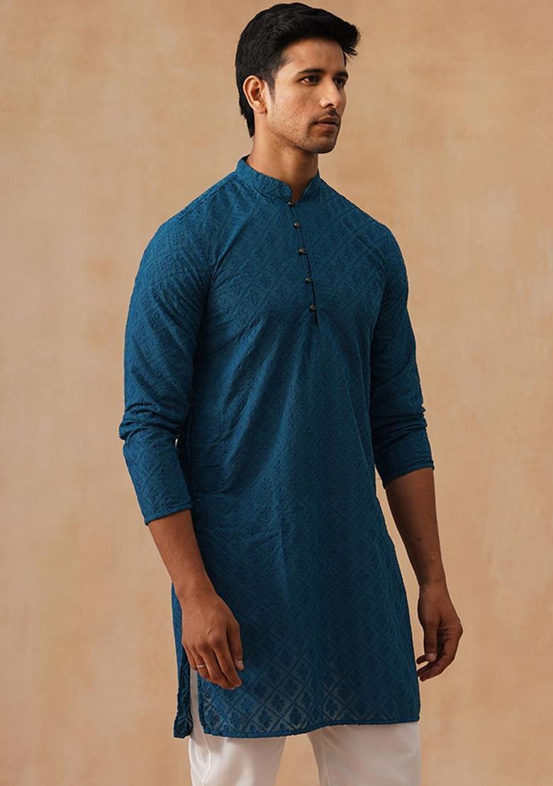 Blue Printed Cotton Kurta For Men - Indya