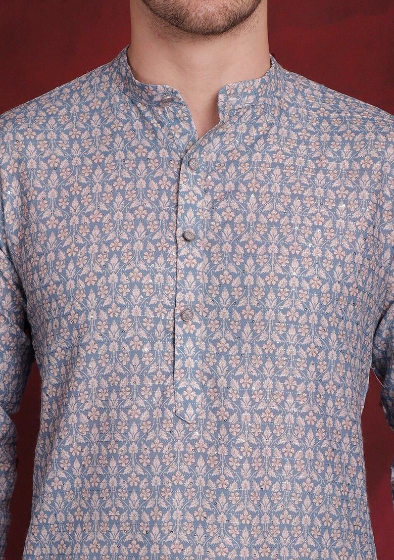 Blue Printed Cotton Kurta For Men - Indya
