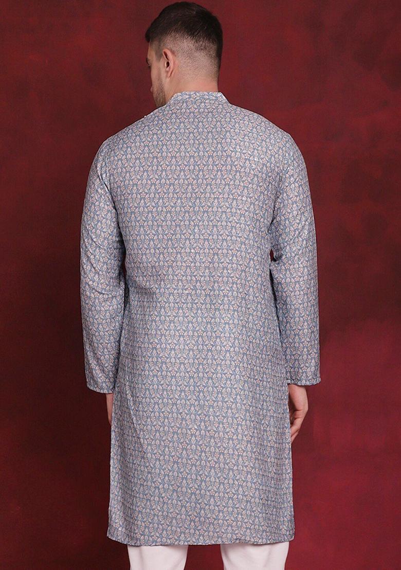 Blue Printed Cotton Kurta For Men - Indya
