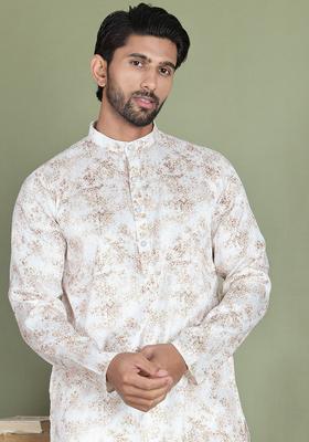 White Printed Silk Kurta For Men