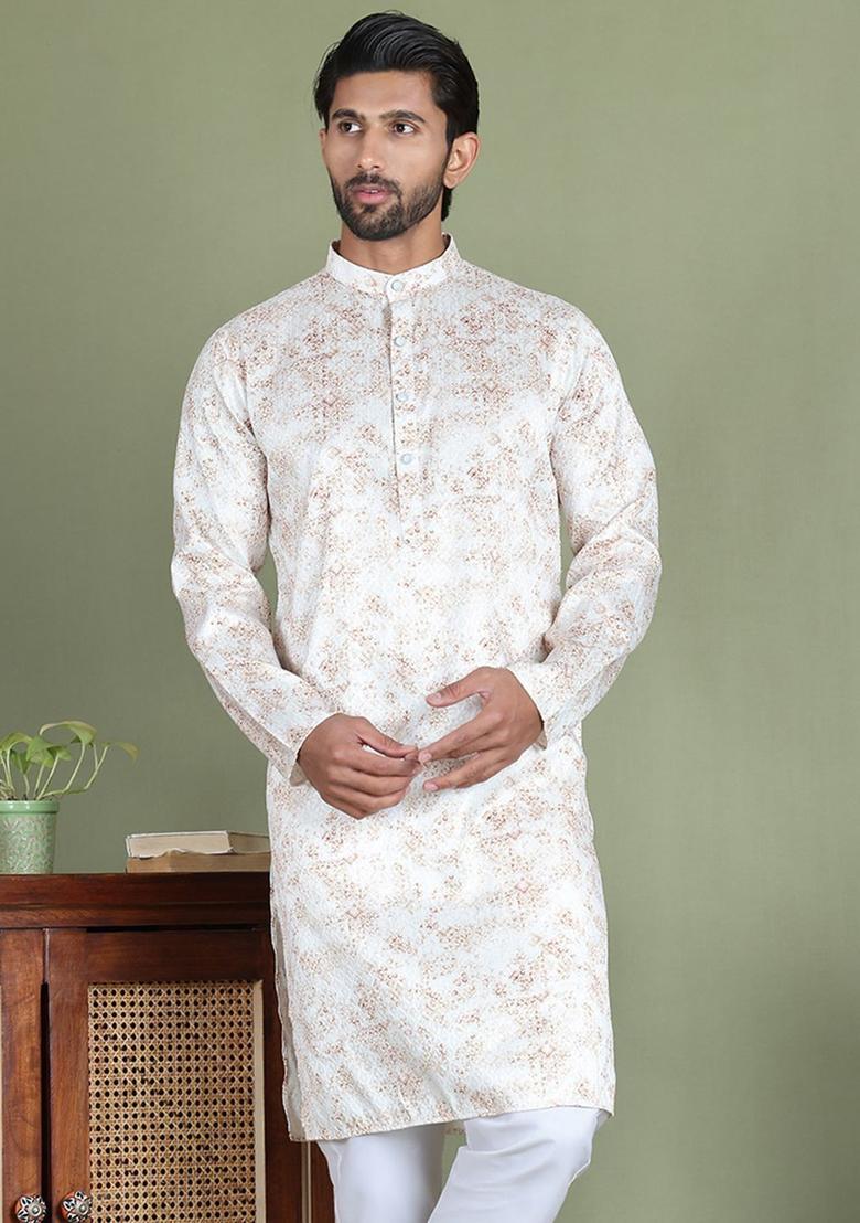 White Printed Silk Kurta For Men - Indya