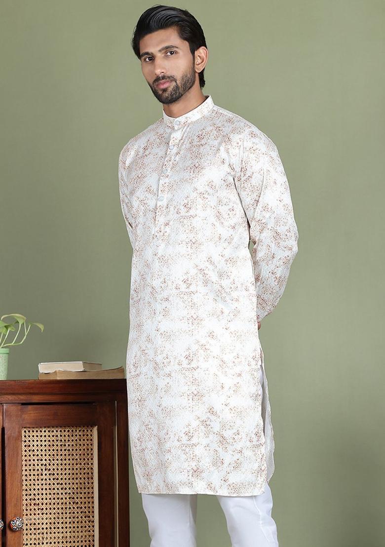 White Printed Silk Kurta For Men - Indya