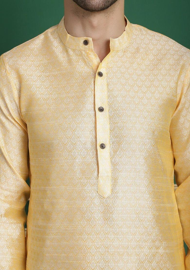 Gold Woven Design Silk Kurta For Men - Indya