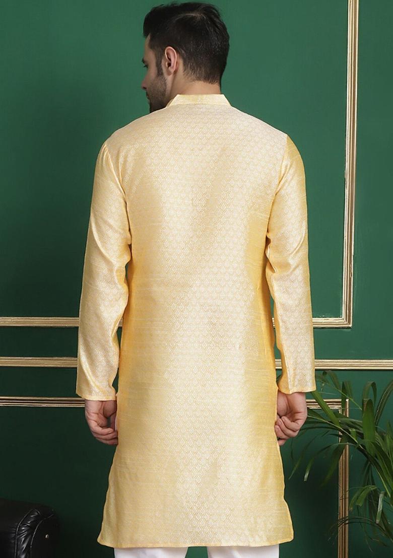 Gold Woven Design Silk Kurta For Men - Indya