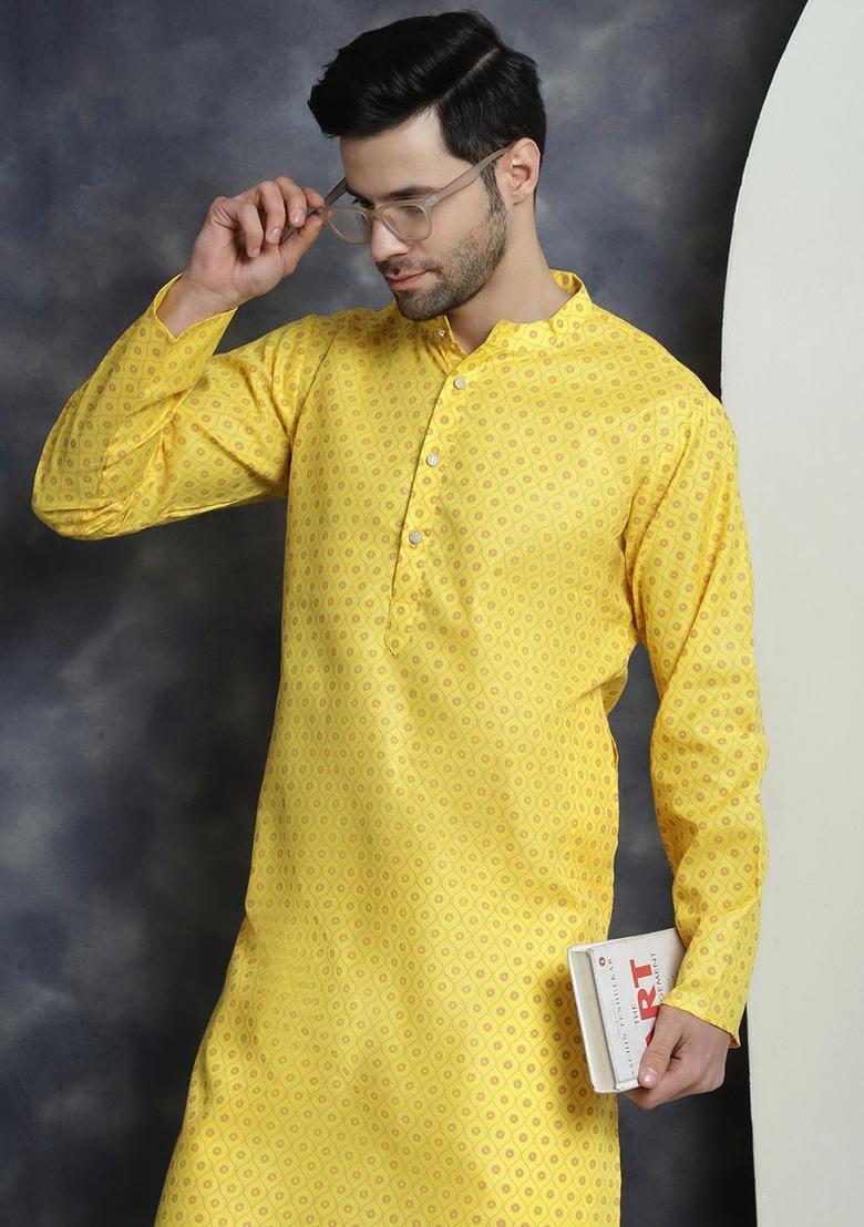 Yellow Printed Cotton Kurta For Men - Indya