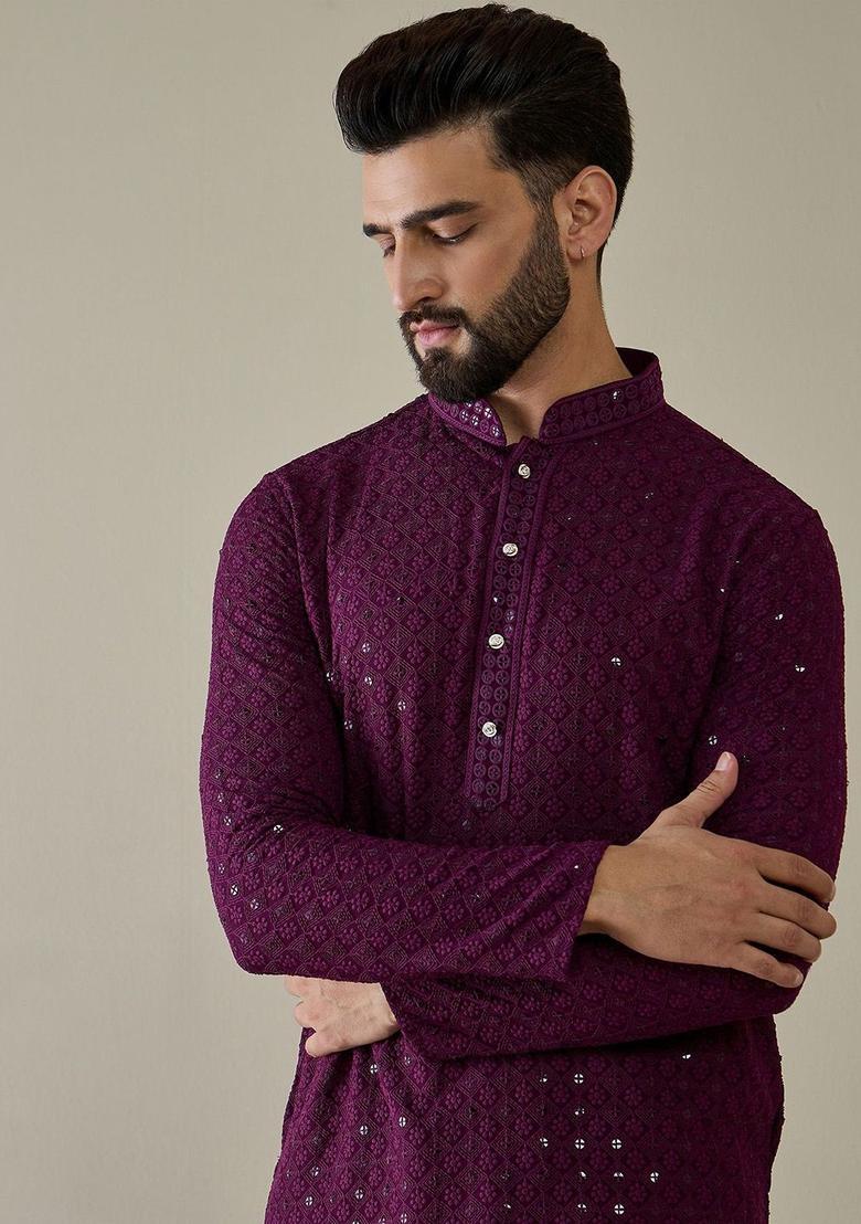 Purple Embroidered Viscose Kurta For Men - Indya