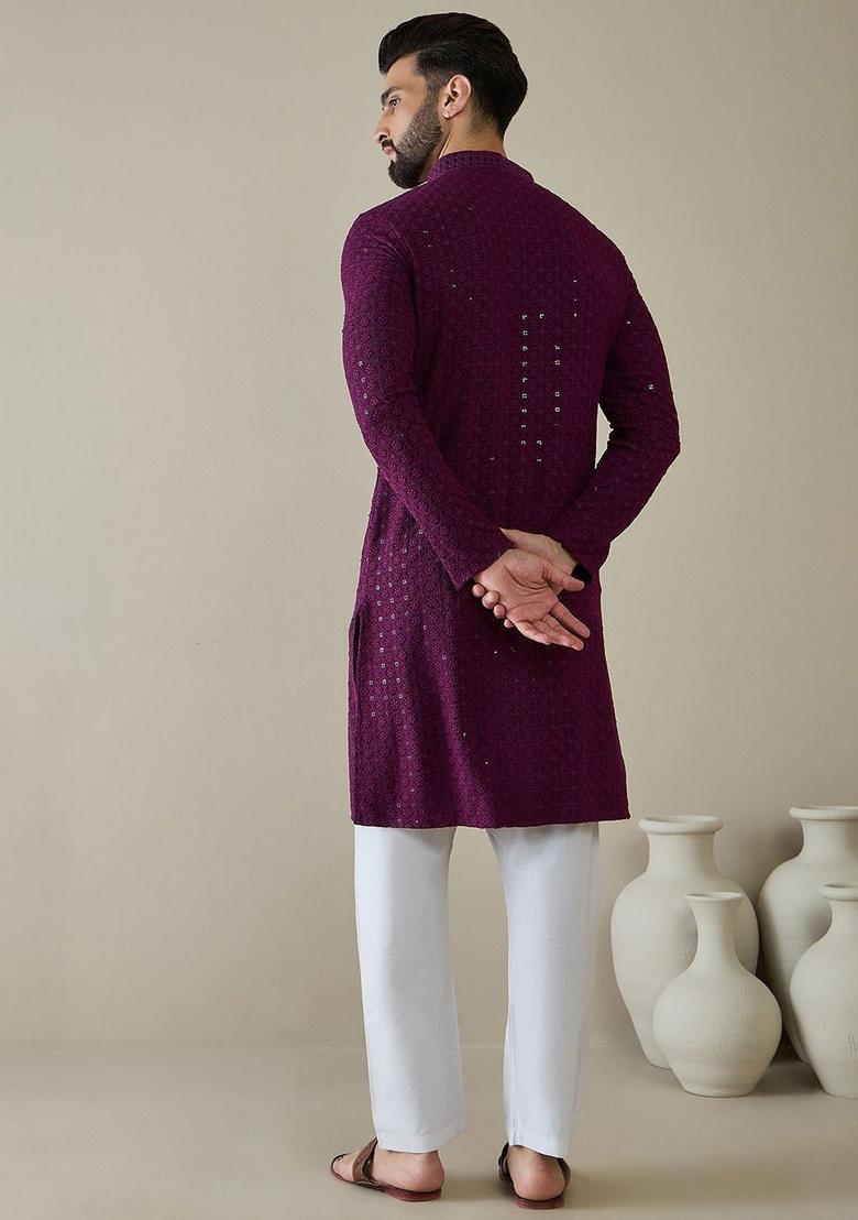 Purple Embroidered Viscose Kurta For Men - Indya