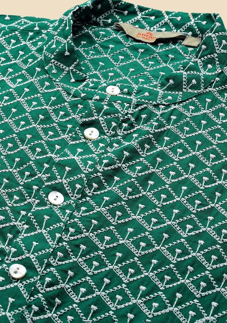Green Embroidered Cotton Kurta For Men - Indya