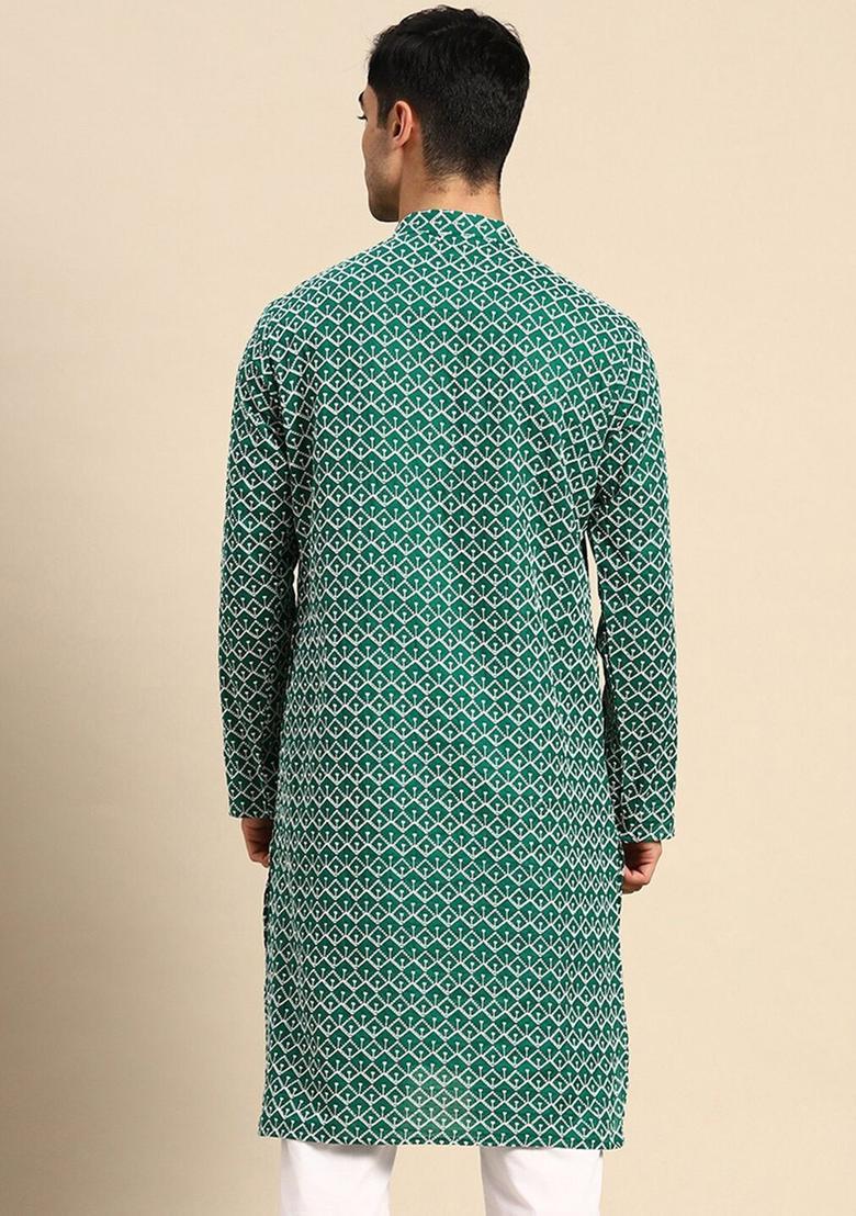 Green Embroidered Cotton Kurta For Men - Indya