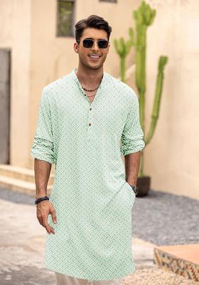 Green Printed Blended Kurta For Men