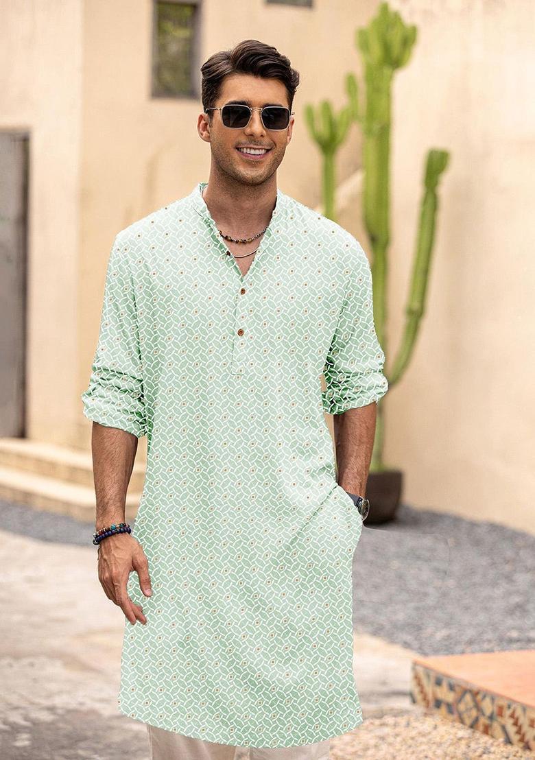 Green Printed Blended Kurta For Men - Indya