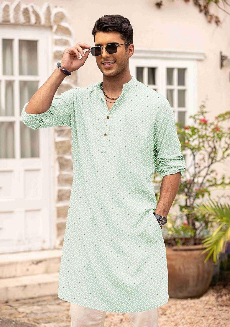 Green Printed Blended Kurta For Men - Indya
