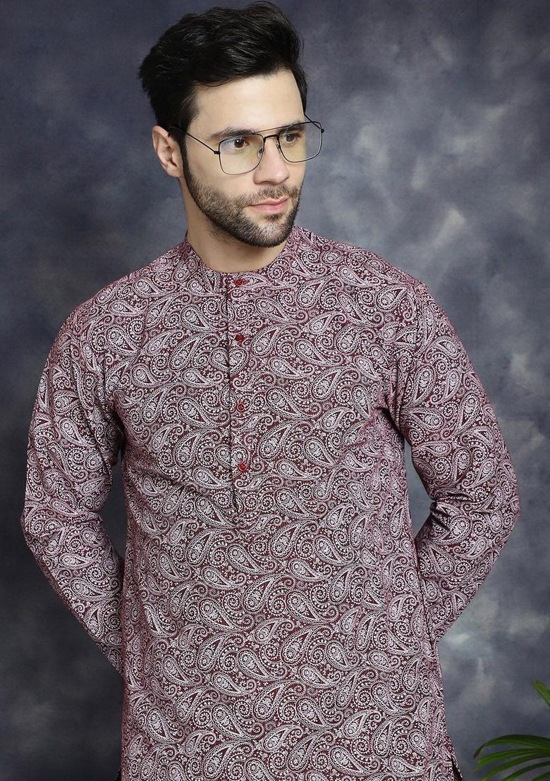 Maroon Printed Cotton Kurta For Men - Indya