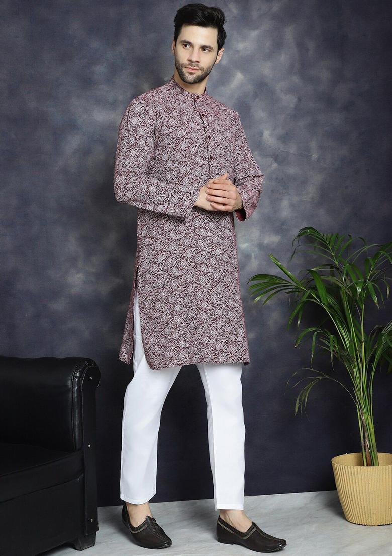 Maroon Printed Cotton Kurta For Men - Indya