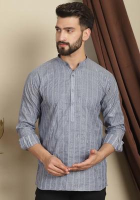 Grey Woven Design Cotton Kurta For Men