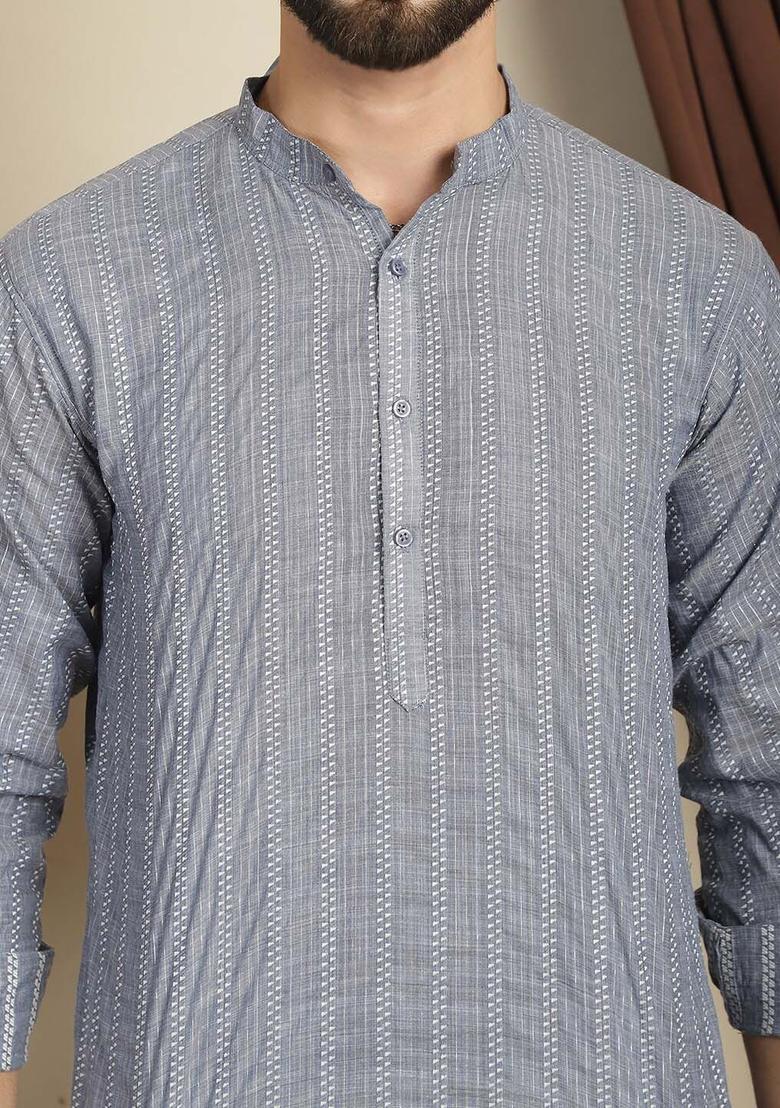 Grey Woven Design Cotton Kurta For Men - Indya