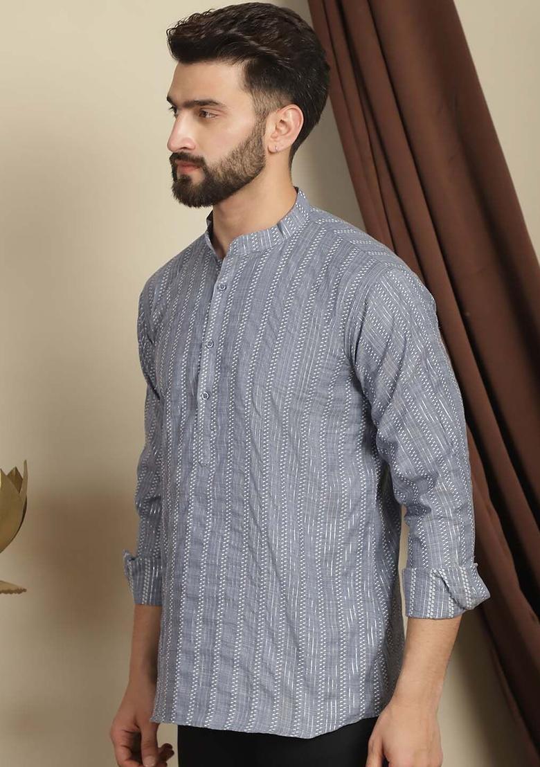 Grey Woven Design Cotton Kurta For Men - Indya