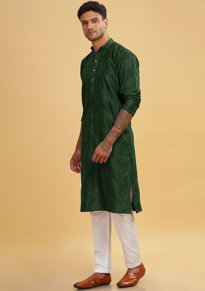 Green Embroidered Cotton Kurta For Men - Indya