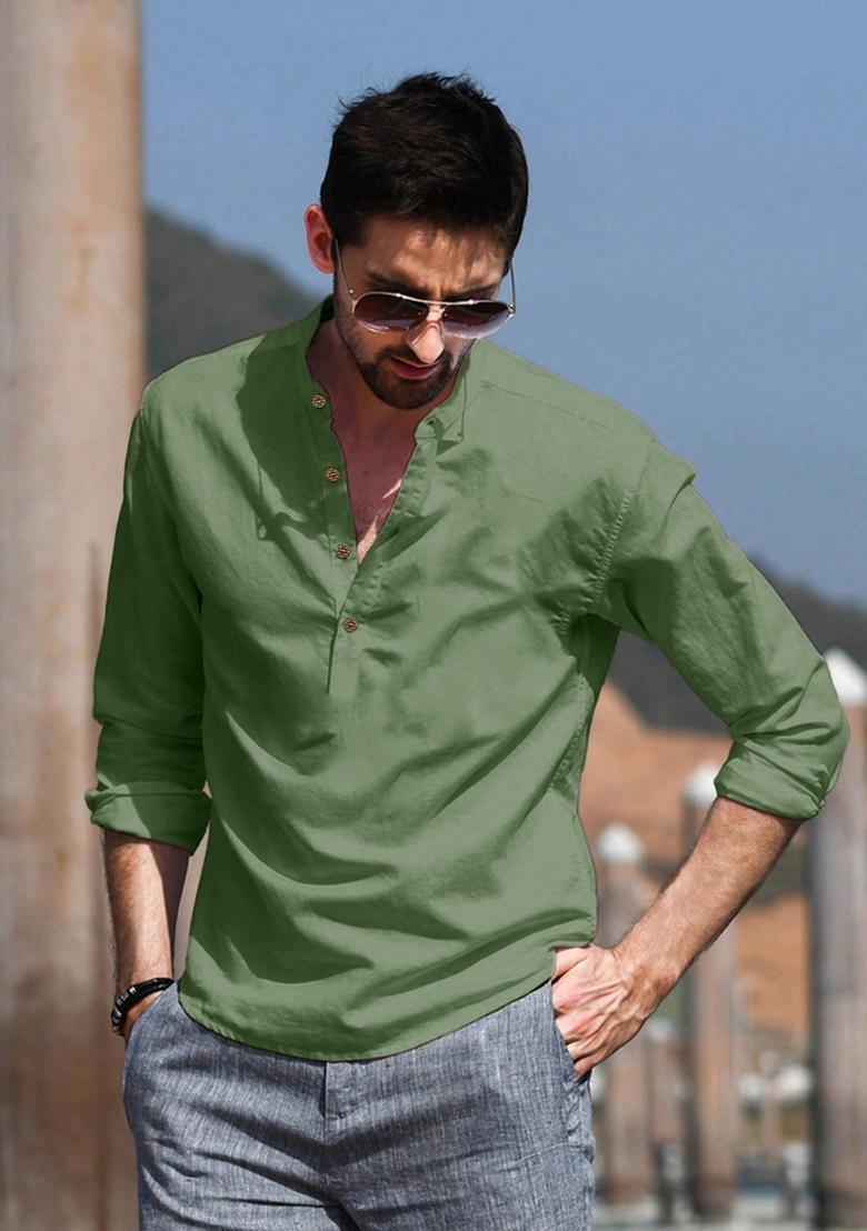 Green Solid Cotton Kurta For Men - Indya