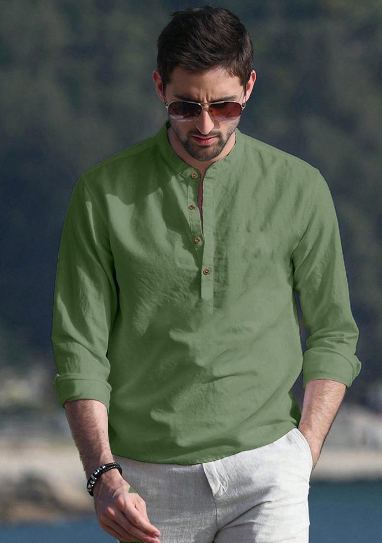 Green Solid Cotton Kurta For Men - Indya