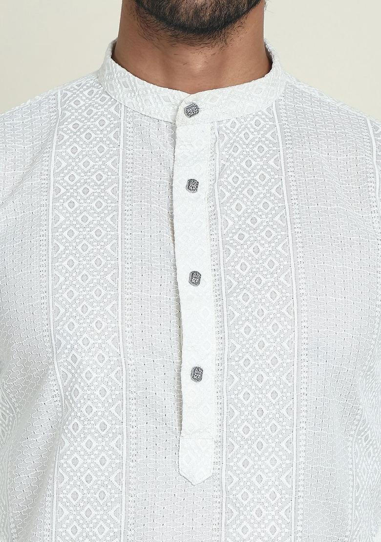 White Embroidered Cotton Kurta For Men - Indya