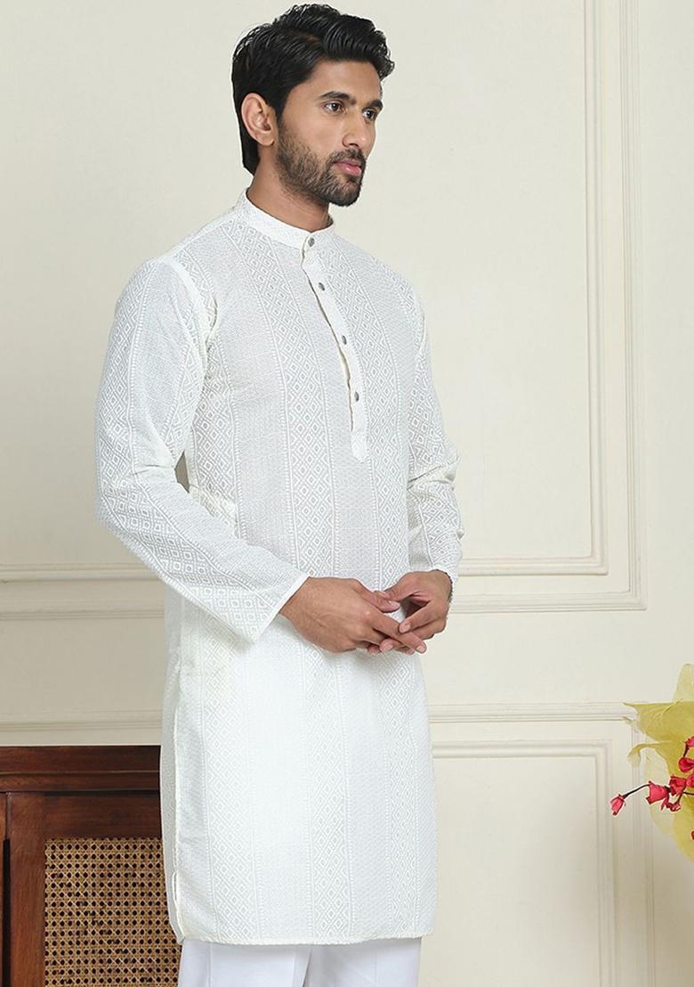 White Embroidered Cotton Kurta For Men - Indya