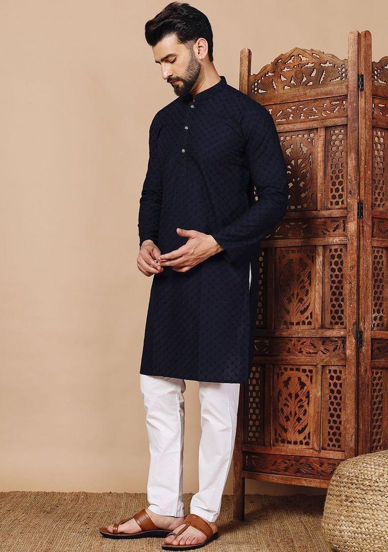 Blue Embroidered Cotton Kurta For Men - Indya